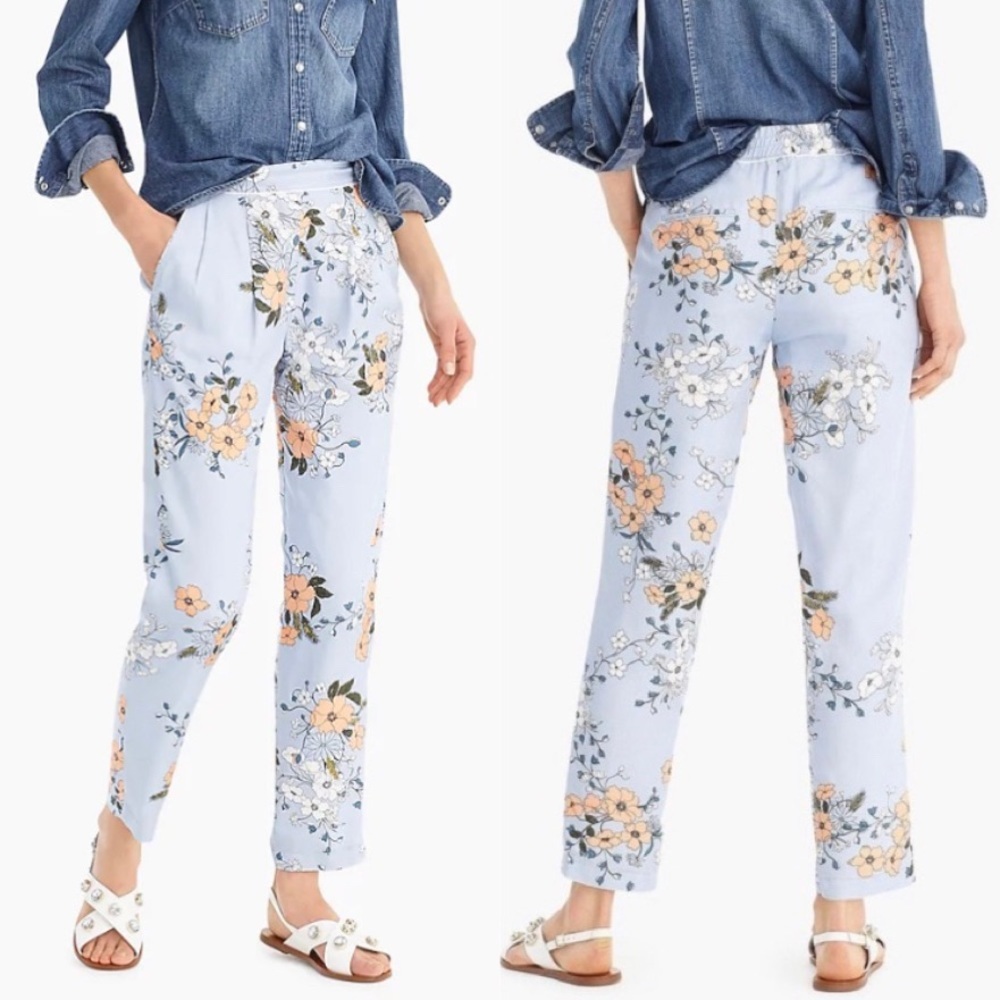 J. Crew • Floral Straight Leg Pants - Light Blue and Orange